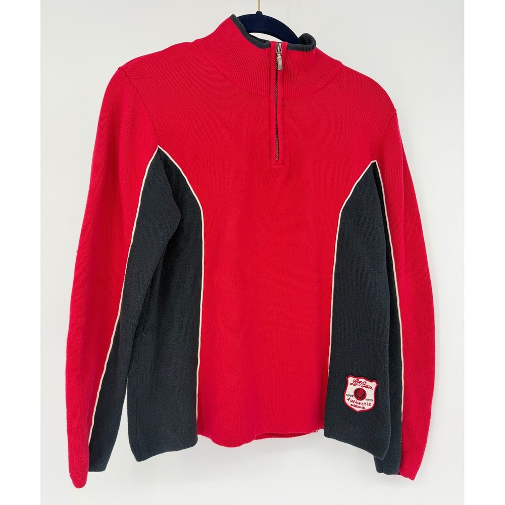 LL Bean Womens Red Black Colorblock 1/4 Zip Cotton Knit Sweater Size M OBHV7